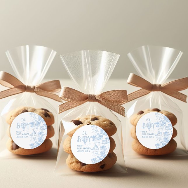 Oh Boy Blue Toile Safari Animal Baby Shower Classic Round Sticker (Creator Uploaded)