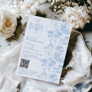 Oh Boy Blue Toile Safari Animal Baby Shower Invitation