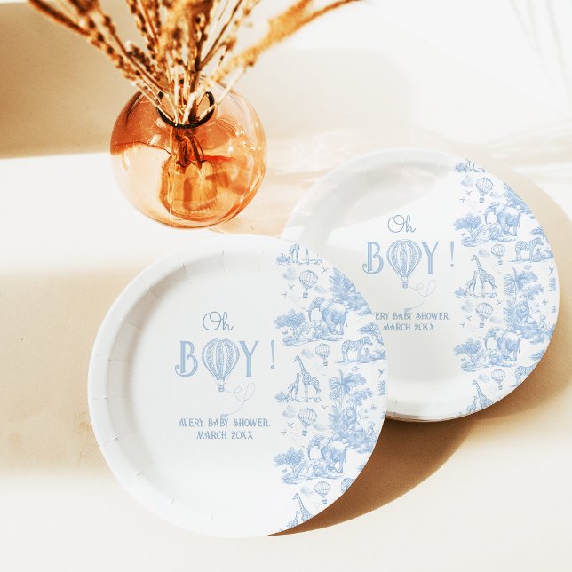 Oh Boy Blue Toile Safari Animal Baby Shower Paper Plates (Creator Uploaded)