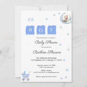 Oh boy blue water color bear stroller and stars invitation