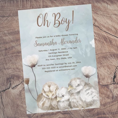 Oh Boy blue watercolor  baby shower Invitation