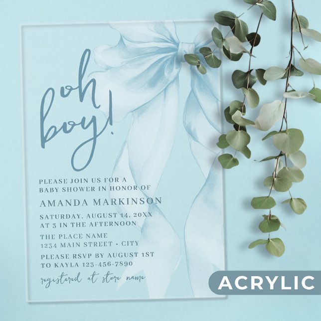 Oh Boy Blue Watercolor Bow Baby Shower Acrylic Invitations (Creator Uploaded)