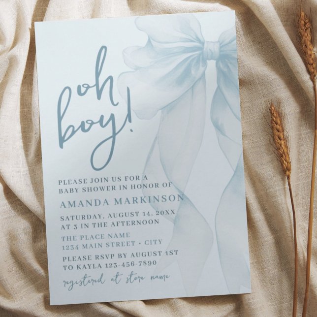Oh Boy Blue Watercolor Bow Baby Shower Invitation (Creator Uploaded)