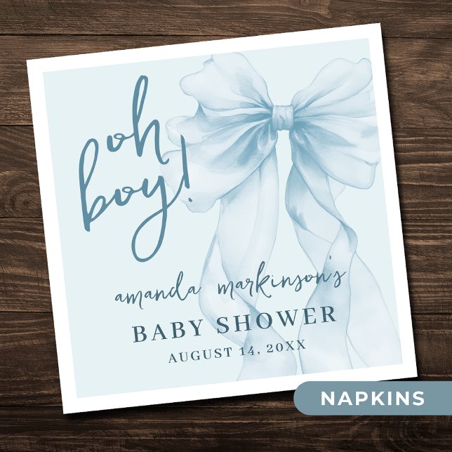 Oh Boy Blue Watercolor Bow Baby Shower Napkins (Creator Uploaded)