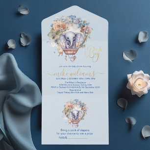 Oh boy blue watercolor elephant baby shower all in one invitation