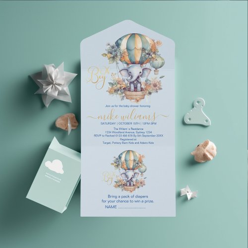 Oh boy blue watercolor elephant baby shower all in one invitation