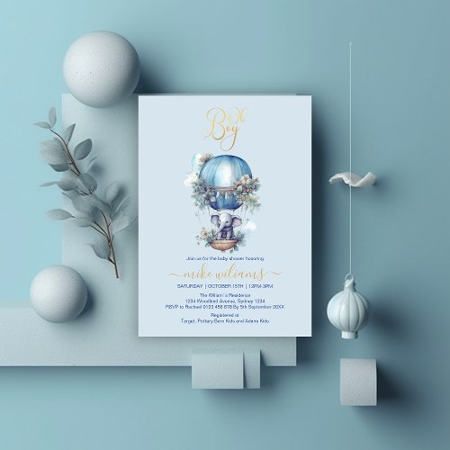 Oh boy blue watercolor elephant baby shower invitation