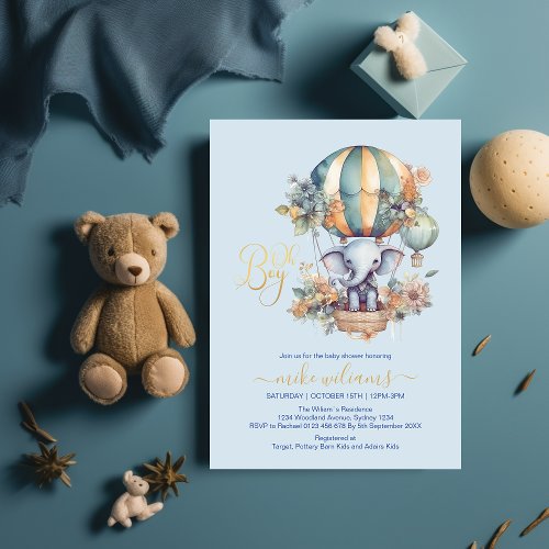 Oh boy blue watercolor elephant baby shower invitation