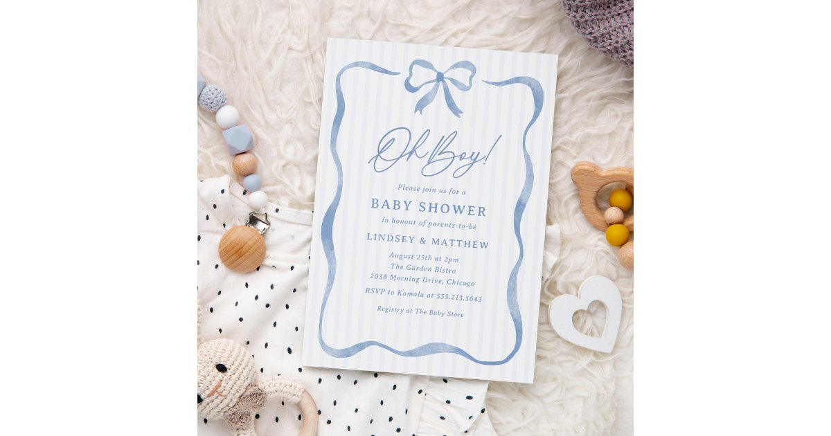 Oh Boy Blue Wavy Ribbon Bow Baby Shower Invitation | Zazzle