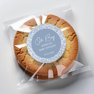 Oh Boy Blue White Toile Floral Pattern Baby Shower Classic Round Sticker