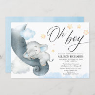 Oh boy blue yellow elephant baby shower invitation