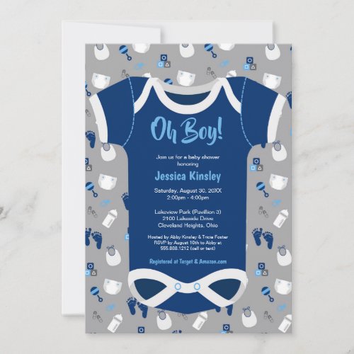 Oh Boy Bodysuit baby clothes shower invitation