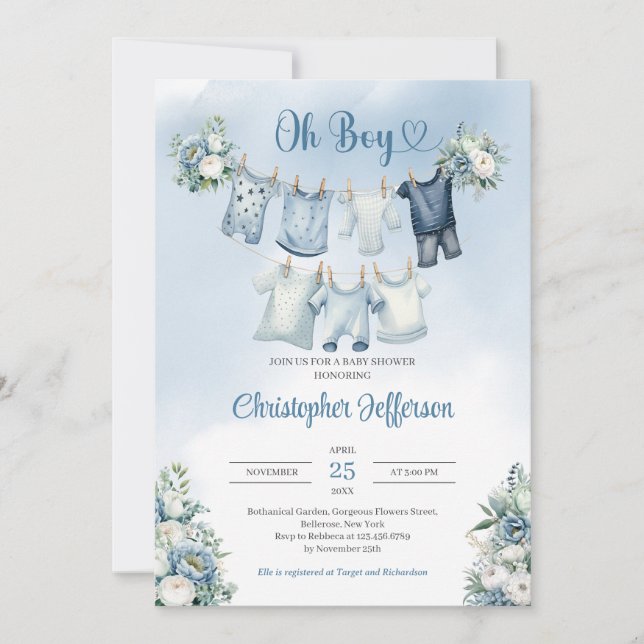 Oh Boy Boho Baby Clothes Clothesline Baby Shower Invitation (Front)