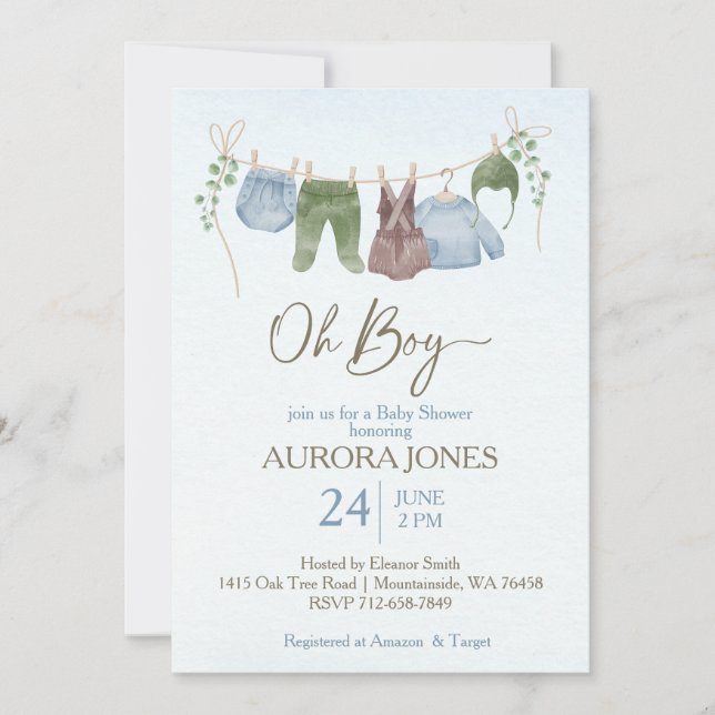 Oh boy boho clothes baby shower  invitation (Front)