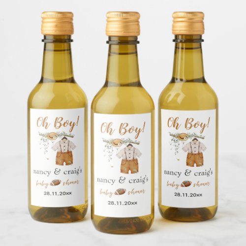 Oh Boy Boho Football Watercolor Baby Shower Mini Wine Label