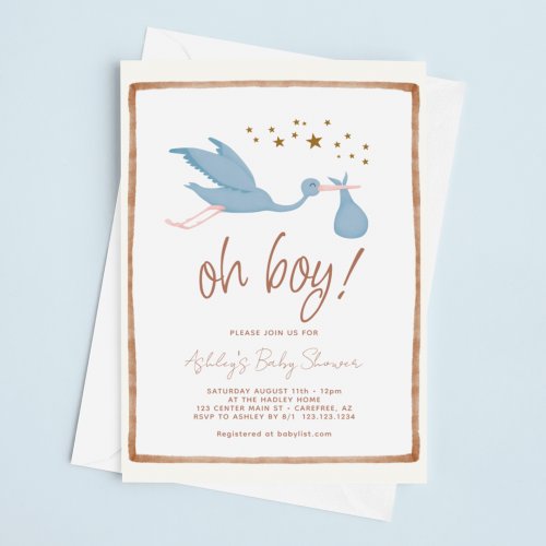 Oh Boy Boho Stork Baby Shower Invitation