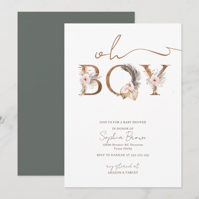 Oh Boy Boho Tropical Flowers Boy Baby Shower Invitation (Front/Back)