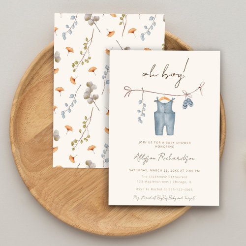 Oh Boy boho watercolor baby clothes blue shower Invitation