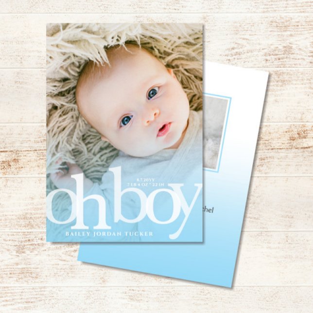 OH BOY Bold Overlay Blue Photo Birth Announcement (Creator Uploaded)