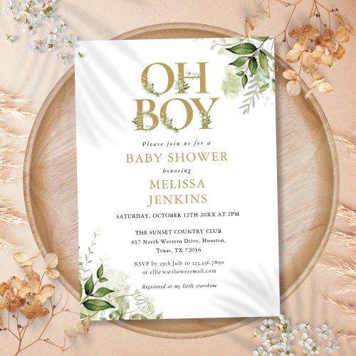 Oh Boy Botanical Greenery Gold Baby Shower Invitation