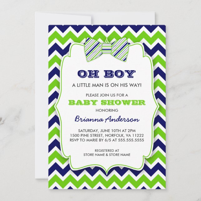 OH BOY Bow tie baby shower / navy green chevron Invitation (Front)
