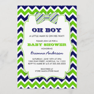 OH BOY Bow tie baby shower / navy green chevron Invitation
