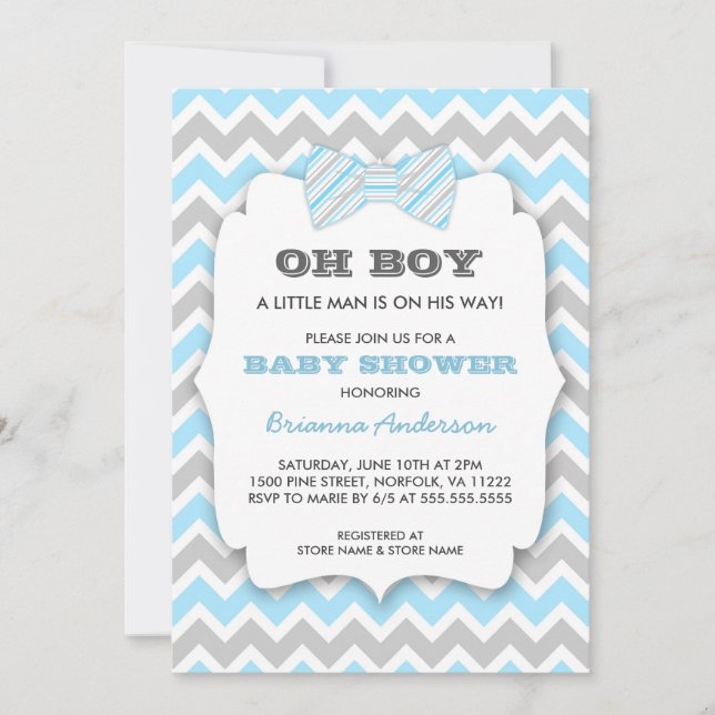 OH BOY Bowtie baby shower / blue gray chevron Invitation (Front)