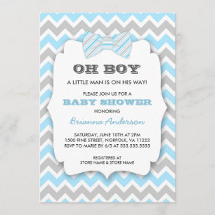 OH BOY Bowtie baby shower / blue gray chevron Invitation