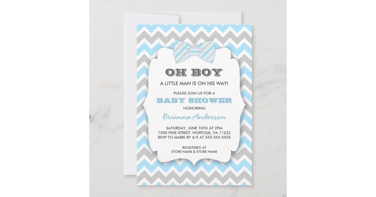 OH BOY Bowtie baby shower / blue gray chevron Invitation | Zazzle