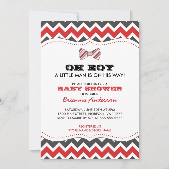 OH BOY Bowtie baby shower invites / red gray grey (Front)