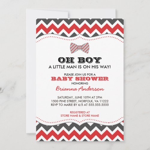 OH BOY Bowtie baby shower invites  red gray grey