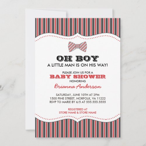 OH BOY Bowtie baby shower invites red gray stripes