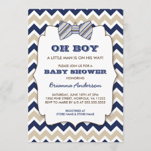 OH BOY Bowtie baby shower / navy tan brown chevron Invitation