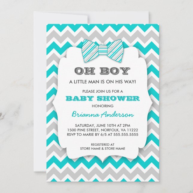 OH BOY Bowtie baby shower / turquoise gray chevron Invitation (Front)