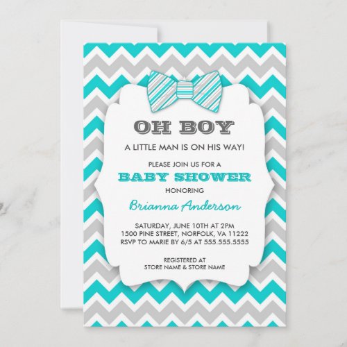 OH BOY Bowtie baby shower  turquoise gray chevron Invitation