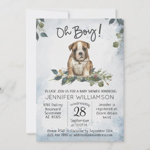 Oh Boy Bulldog Puppy Modern Watercolor Baby  Invitation