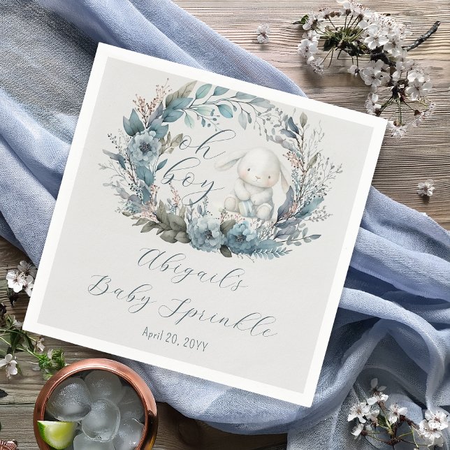 Oh Boy Bunny Rabbit Blue Floral Baby Sprinkle Napkins (Bunny Rabbit and Blue Floral Wreath Boy Baby Sprinkle Paper Napkin - "Oh Boy" Bunny Collection)