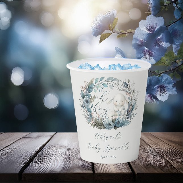 Oh Boy Bunny Rabbit Blue Floral Baby Sprinkle Paper Cups (Bunny Rabbit and Blue Floral Wreath Boy Baby Sprinkle Paper Cups - "Oh Boy" Bunny Collection)