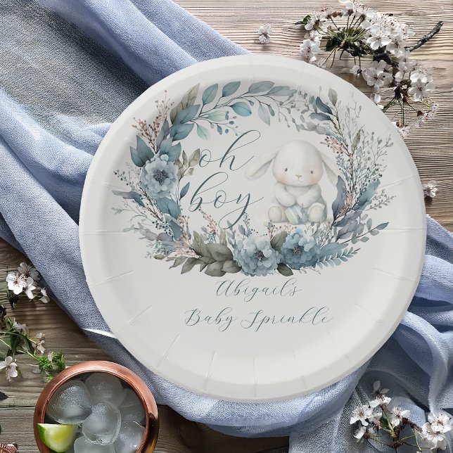 Oh Boy Bunny Rabbit Blue Floral Baby Sprinkle Paper Plates (Bunny Rabbit and Blue Floral Wreath Boy Baby Sprinkle Thank You Flat Card  "Oh Boy" Bunny Collection)
