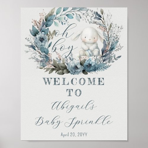 Oh Boy Bunny Rabbit Blue Floral Baby Sprinkle Poster