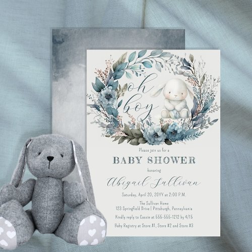 Oh Boy Bunny Rabbit Blue Floral Wreath Baby Shower Invitation