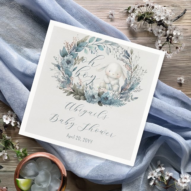 Oh Boy Bunny Rabbit Blue Floral Wreath Baby Shower Napkins (Bunny Rabbit and Blue Floral Wreath Boy Baby Shower Paper Napkins - "Oh Boy" Bunny Collection)