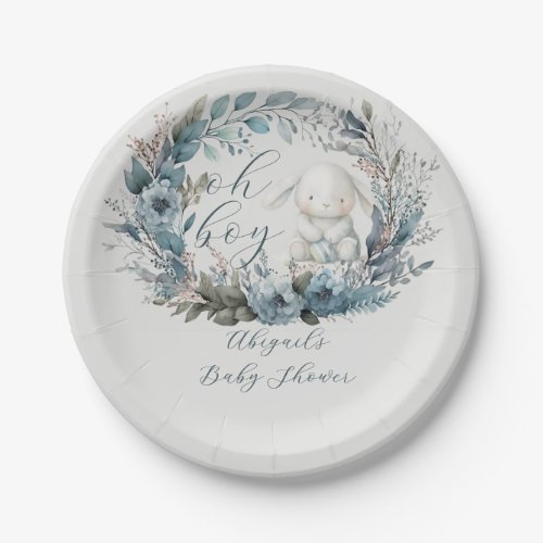 Oh Boy Bunny Rabbit Blue Floral Wreath Baby Shower Paper Plates