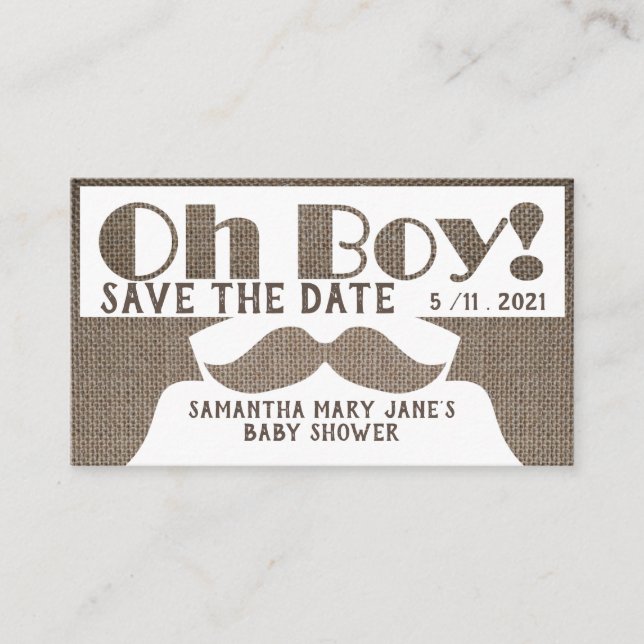 Oh Boy, Burlap Mustache Save the Date Enclosure Card (Front)