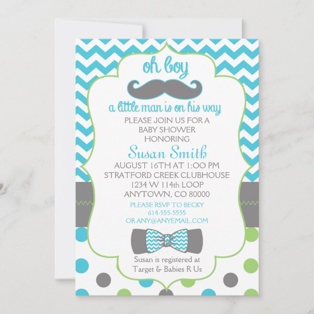 Oh boy Chevron Mustache baby shower invitation (Front)