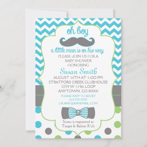 Oh boy Chevron Mustache baby shower invitation