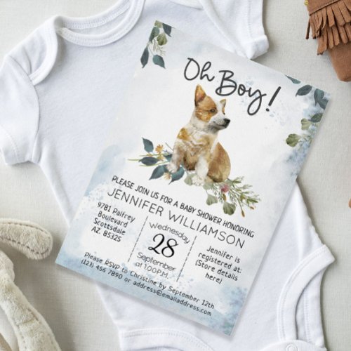 Oh Boy Corgi Puppy Modern Watercolor Baby Shower  Invitation