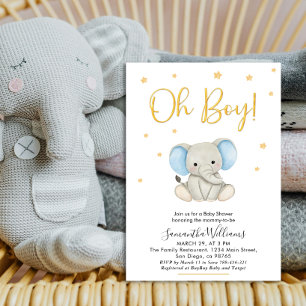 Oh Boy Cute Blue Baby Elephant Baby Shower Invitation