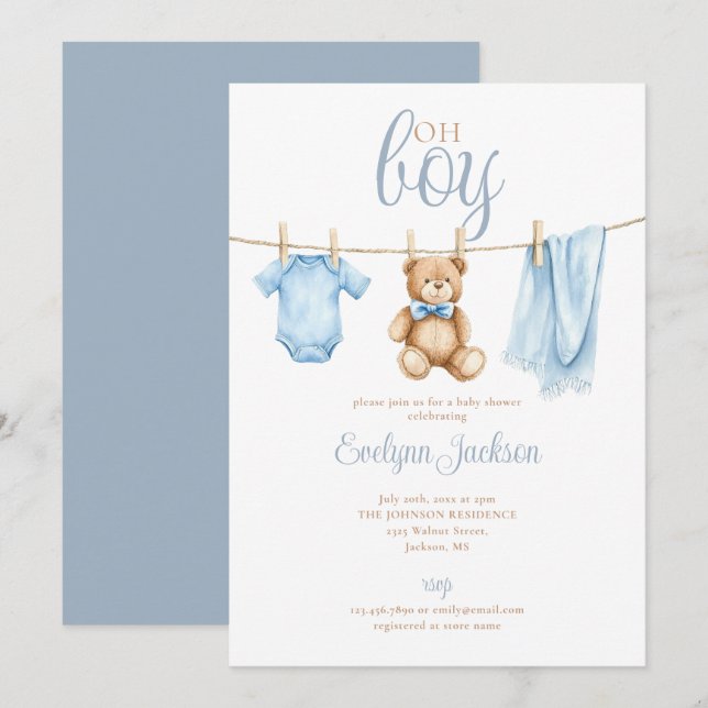 Oh Boy Cute Blue Clothesline Baby Shower Invitation (Front/Back)