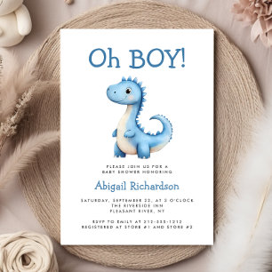 Oh Boy Cute Blue Dinosaur Baby Shower Invitation